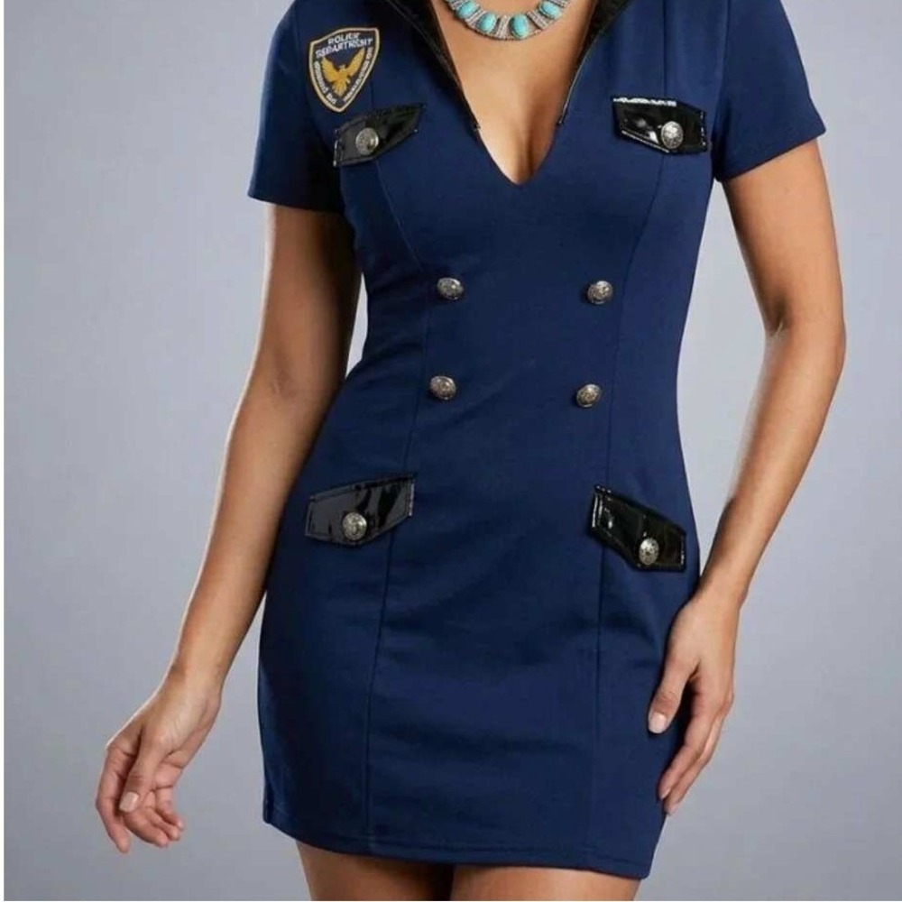 Spirit Halloween Sexy Police Costume MIni Dress Navy Blue Faux Leather Size M